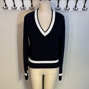 Brandy Melville Dark Navy and White V-Neck Sweater